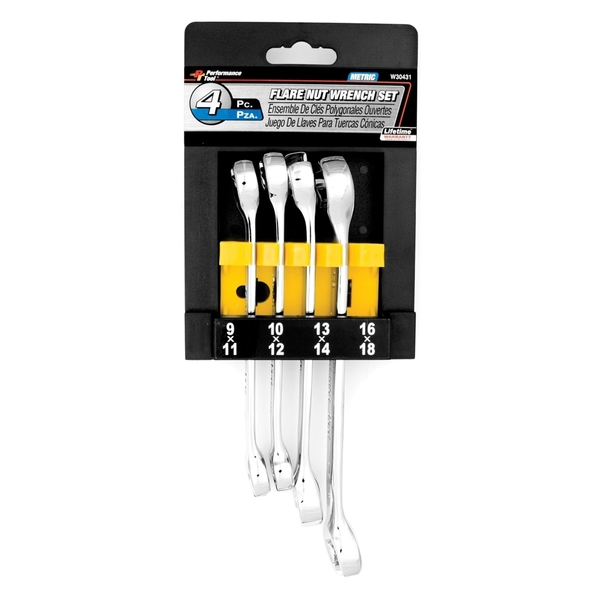 Performance Tool Chrome Flare Nut Wrench Set, 4 Piece, 9mm to 18mm, Fully Polished W30431